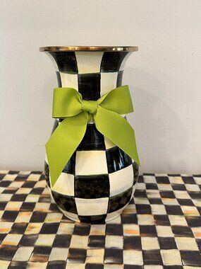 MacKenzie-Childs Courtly Check Enamel Vase With Green Ribbon 10"